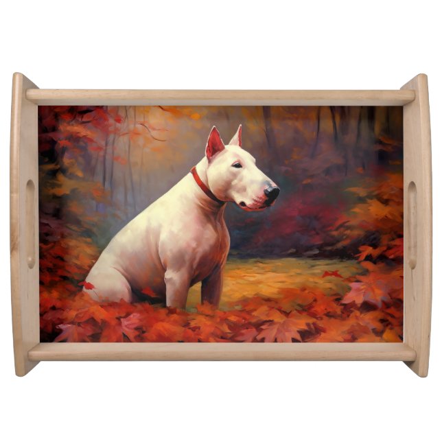 Bull Terrier in Autumn Leaves Fall Inspire  Serving Tray (Front)