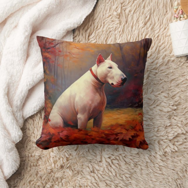 Bull Terrier in Autumn Leaves Fall Inspire  Throw Pillow (Blanket)