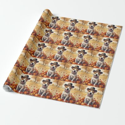 Bull Terrier In Autumn Leaves Thanksgiving Art Wrapping Paper