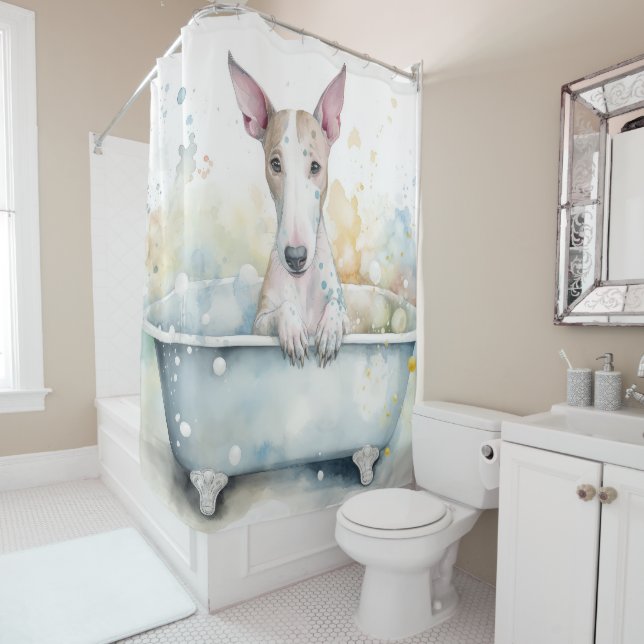 Bull Terrier In Bathtub Watercolor Dog Art Shower Curtain (In Situ)