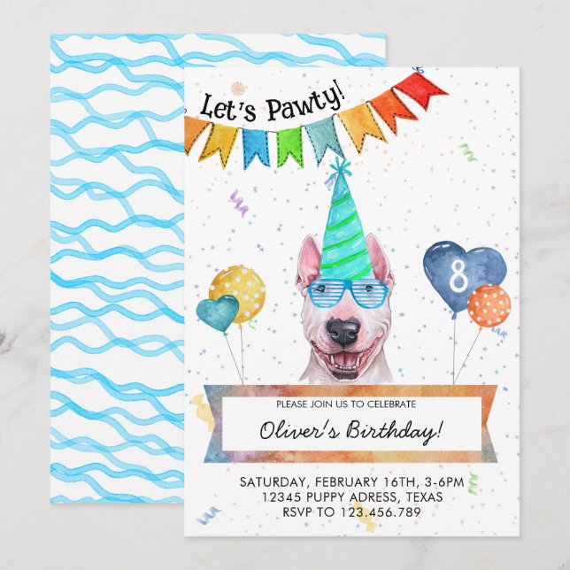 Bull Terrier Lets Pawty Dog Birthday Party Invitation (Front/Back)