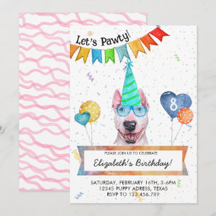 Bull Terrier Lets Pawty Dog Birthday Party Invitation