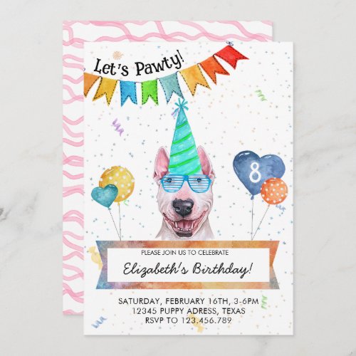 Bull Terrier Lets Pawty Dog Birthday Party Invitation