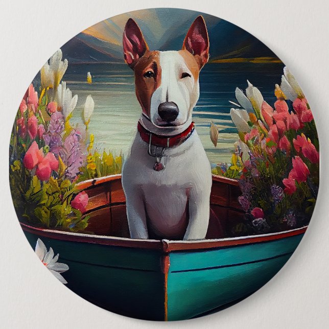 Bull Terrier on a Paddle: A Scenic Adventure Button (Front)