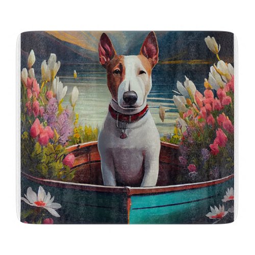 Bull Terrier on a Paddle A Scenic Adventure Cutting Board