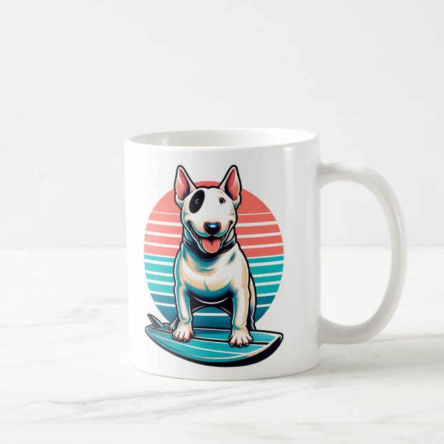 Bull terrier on a surf board 80s retro style coffee mug (Right)