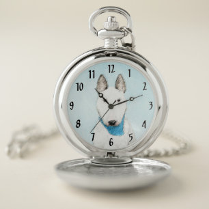 Bull Terrier Painting - Cute Original Dog Art Pocket Watch