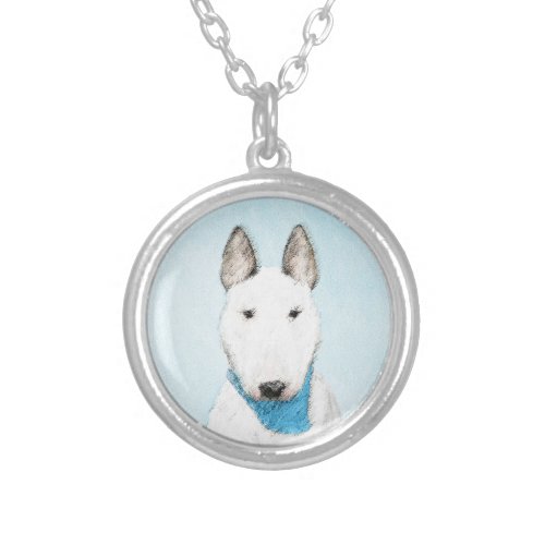 Bull Terrier Painting _ Cute Original Dog Art Silver Plated Necklace