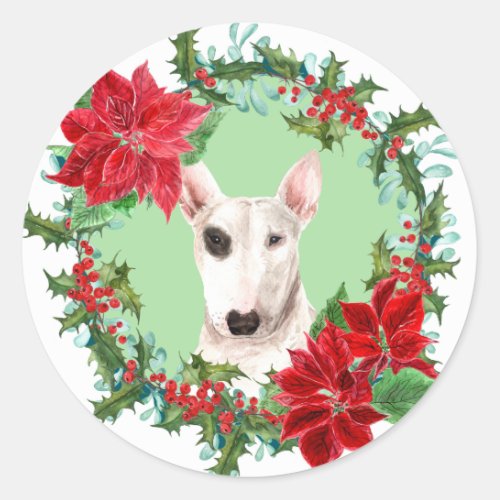 Bull Terrier Poinsettia Holly Christmas Wreath Classic Round Sticker