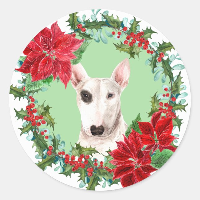 Bull Terrier Poinsettia Holly Christmas Wreath Classic Round Sticker (Front)