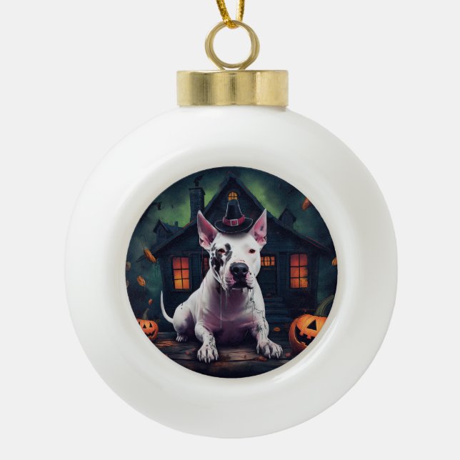 Bull Terrier Pumpkins Halloween Scary Ceramic Ball Christmas Ornament (Front)