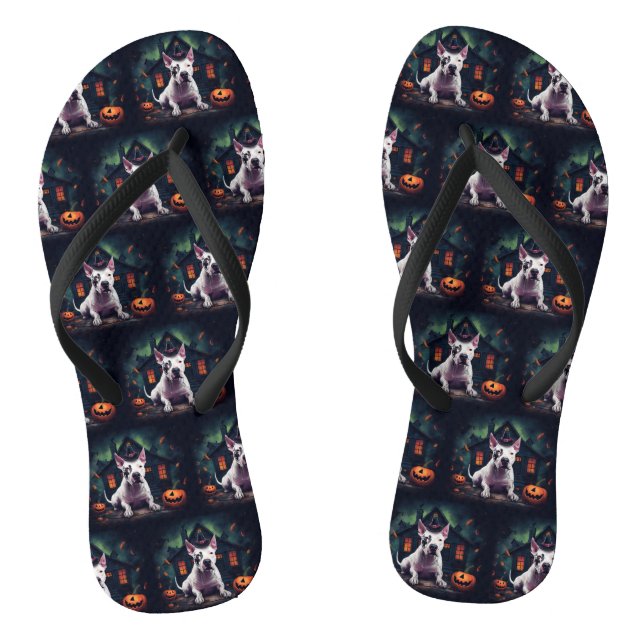 Bull Terrier Pumpkins Halloween Scary Flip Flops (Footbed)