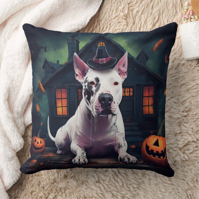 Bull Terrier Pumpkins Halloween Scary Throw Pillow (Blanket)