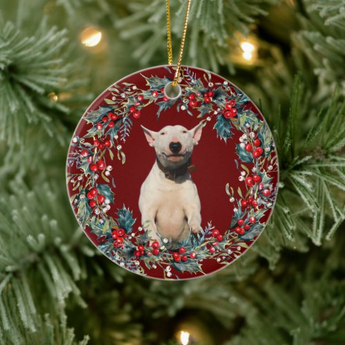 Bull Terrier Puppy 1st Christmas  Xmas wreath red Ceramic Ornament