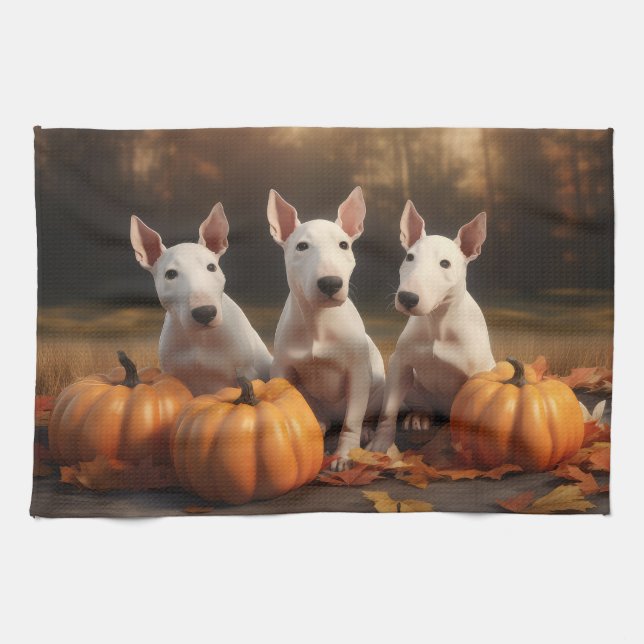 Bull Terrier Puppy Autumn Delight Pumpkin Kitchen Towel (Horizontal)