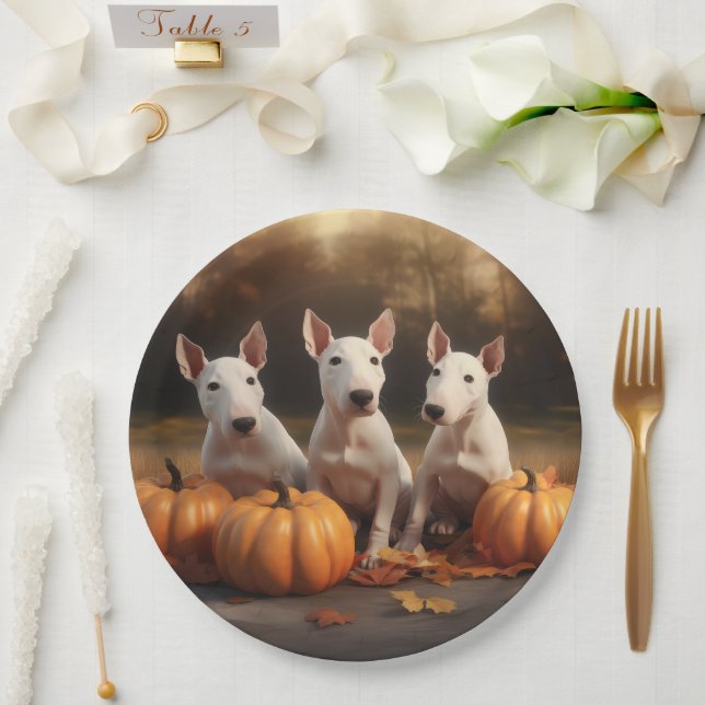 Bull Terrier Puppy Autumn Delight Pumpkin Paper Plates (Wedding)