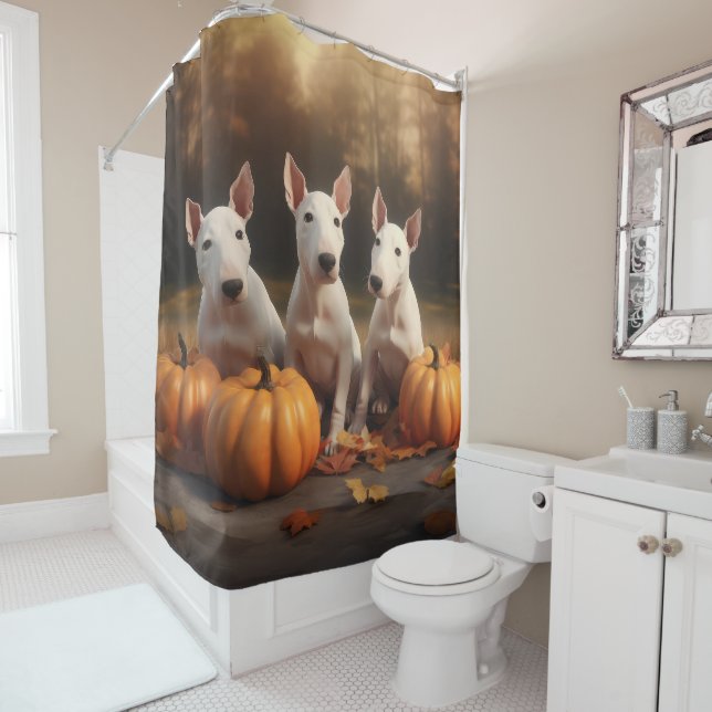 Bull Terrier Puppy Autumn Delight Pumpkin Shower Curtain (In Situ)