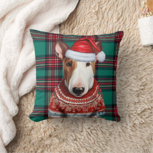 Bull Terrier Red and Green Plaid Christmas Holiday Throw Pillow