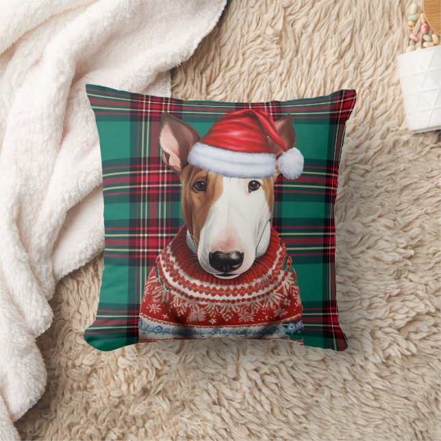 Bull Terrier Red and Green Plaid Christmas Holiday Throw Pillow (Blanket)