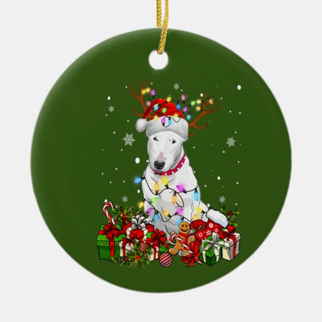 Bull Terrier Reindeer Xmas Christmas Dog Lovers Ceramic Ornament (Front)