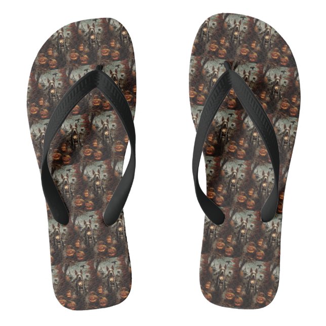 Bull Terrier Riding Motorcycle Halloween Scary Flip Flops (Footbed)