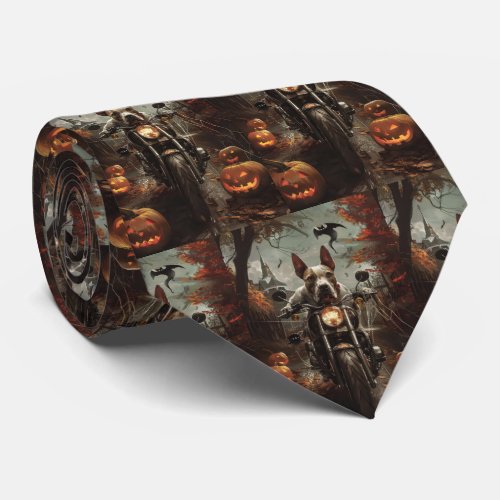 Bull Terrier Riding Motorcycle Halloween Scary Neck Tie