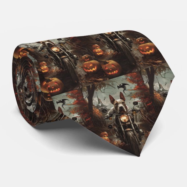 Bull Terrier Riding Motorcycle Halloween Scary Neck Tie (Rolled)