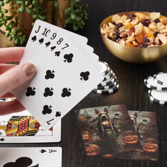 Bull Terrier Riding Motorcycle Halloween Scary Poker Cards (In Situ)