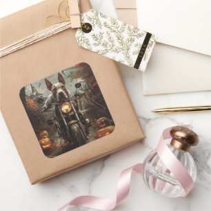 Bull Terrier Riding Motorcycle Halloween Scary Square Sticker