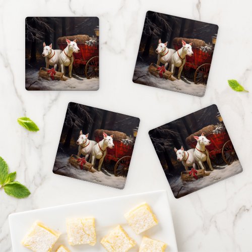 Bull Terrier Snowy Sleigh Christmas Decor  Coaster Set