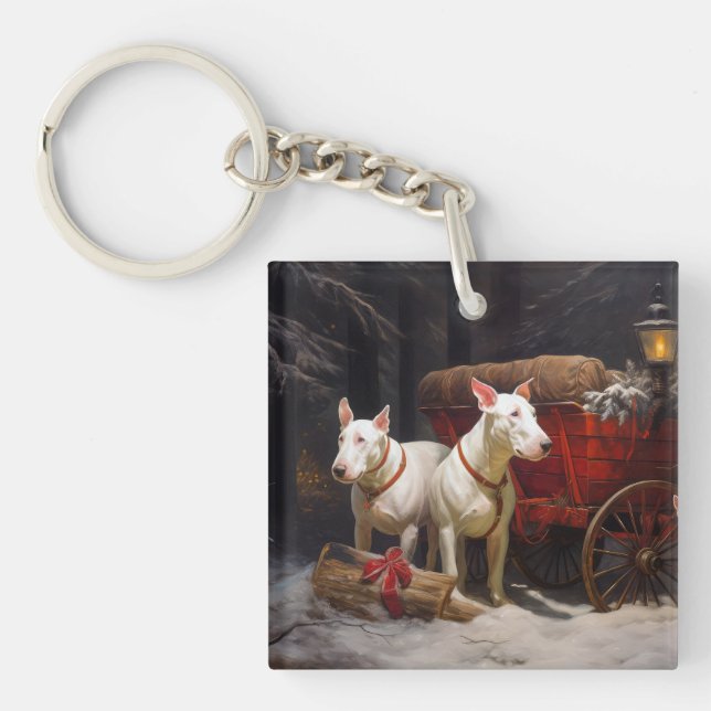Bull Terrier Snowy Sleigh Christmas Decor  Keychain (Front)