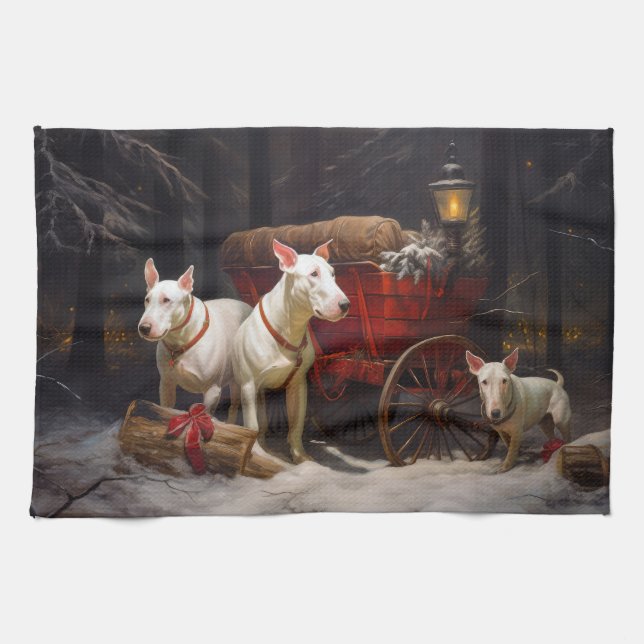 Bull Terrier Snowy Sleigh Christmas Decor  Kitchen Towel (Horizontal)