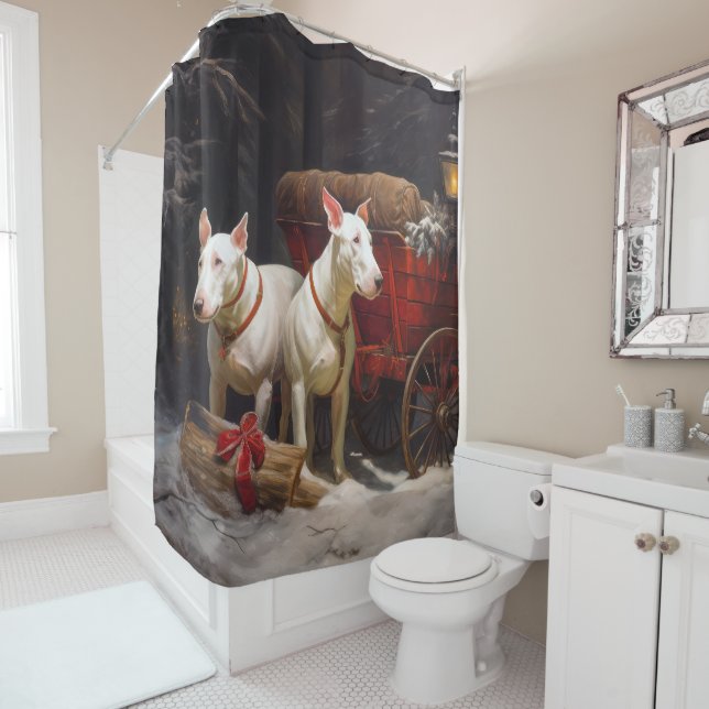 Bull Terrier Snowy Sleigh Christmas Decor  Shower Curtain (In Situ)