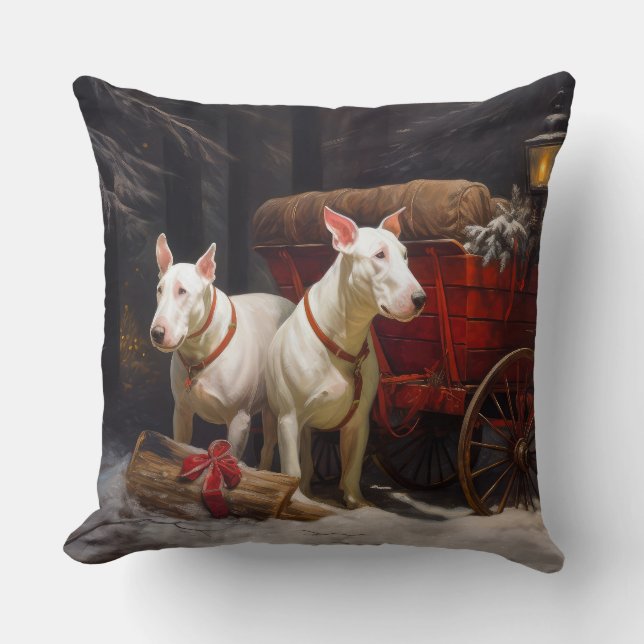 Bull Terrier Snowy Sleigh Christmas Decor  Throw Pillow (Front)