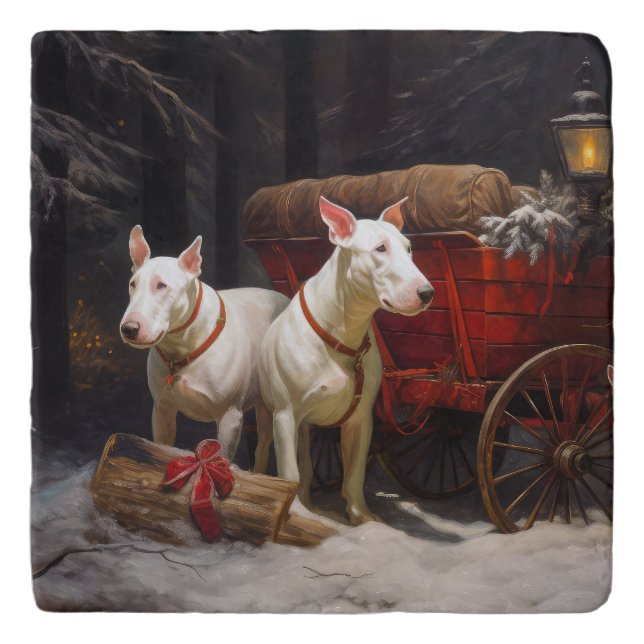 Bull Terrier Snowy Sleigh Christmas Decor Trivet (Front)