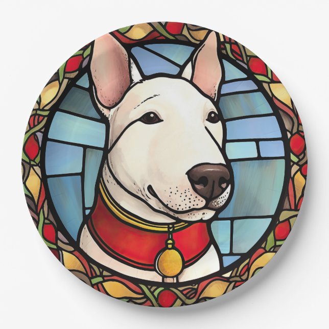 Bull Terrier Stained Glass Christmas Paper Plates (Front)