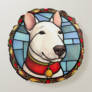Bull Terrier Stained Glass Christmas Round Pillow