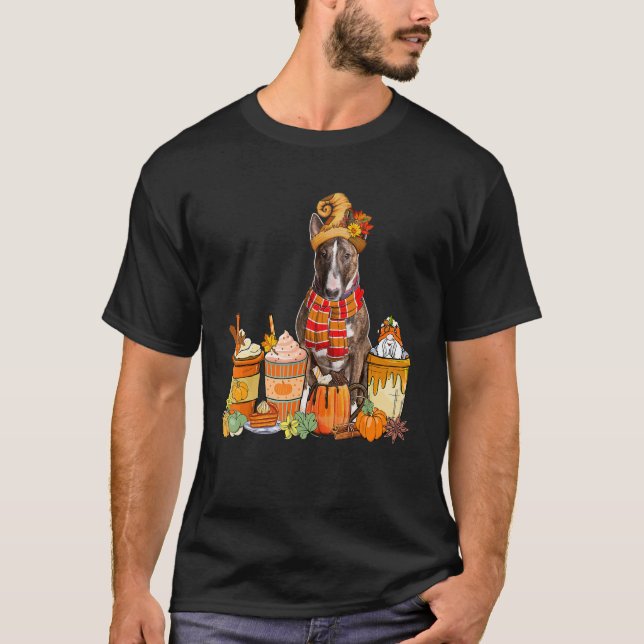 Bull Terrier Wearing Hat With Coffee Cups Fall Pum T-Shirt (Front)