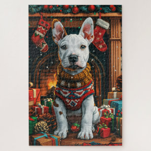 Bull Terrier with Christmas Gifts Fireplace Jigsaw Puzzle