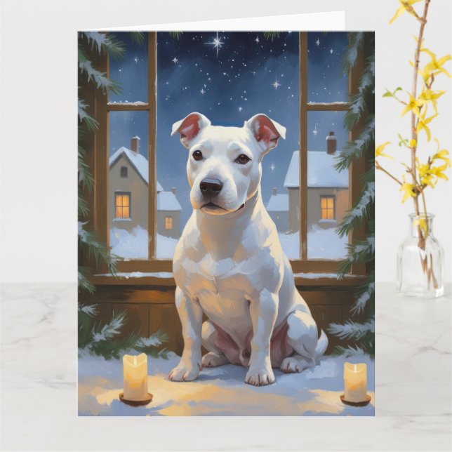 Bull Terrier with Christmas Lights Holiday Card (Yellow Flower)