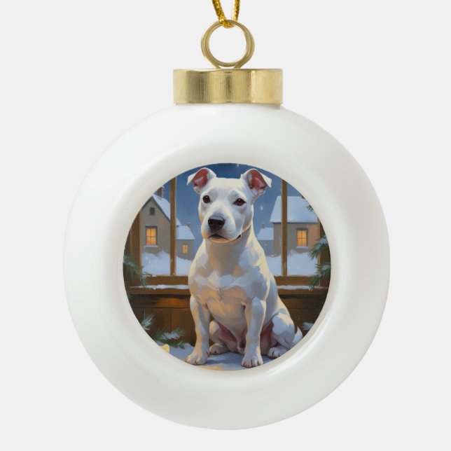 Bull Terrier with Christmas Lights Holiday Ceramic Ball Christmas Ornament (Front)
