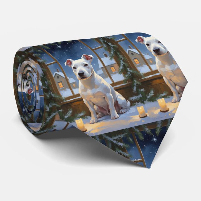Bull Terrier with Christmas Lights Holiday Neck Tie (Rolled)