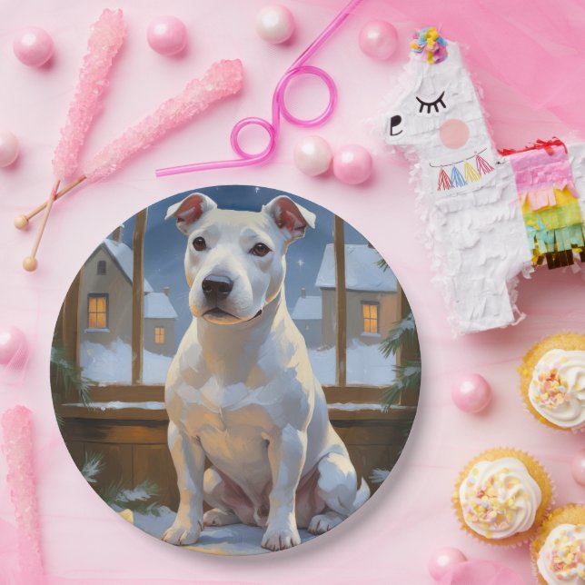 Bull Terrier with Christmas Lights Holiday Paper Plates (Party)