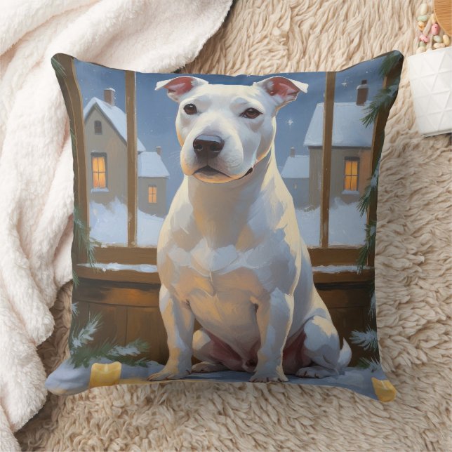 Bull Terrier with Christmas Lights Holiday Throw Pillow (Blanket)