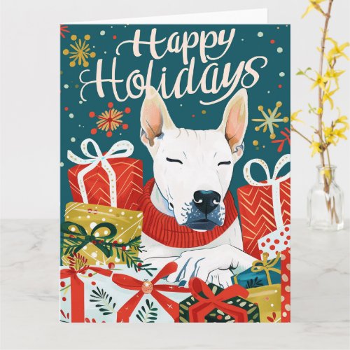 Bull Terrier with Gift Boxes Christmas Card