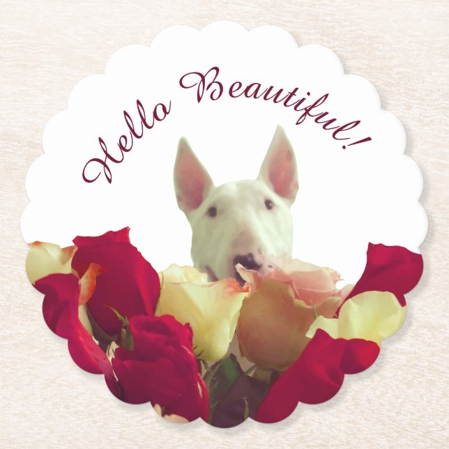 Bull terrier with roses greeting - Hello Beautiful Paper Coaster (Front)