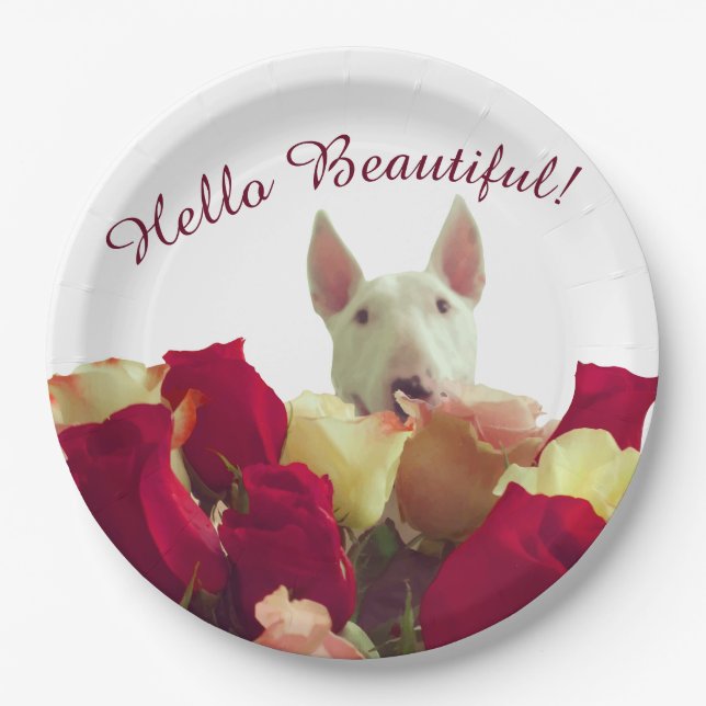 Bull terrier with roses greeting - Hello Beautiful Paper Plates (Front)