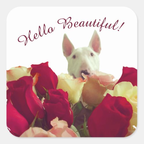 Bull terrier with roses greeting _ Hello Beautiful Square Sticker