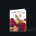 Bull terrier with roses - Happy Birthday! Note Card<br><div class="desc">Bull terrier with roses - Happy Birthday!</div>