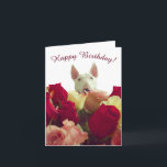 Bull terrier with roses - Happy Birthday! Note Card<br><div class="desc">Bull terrier with roses - Happy Birthday!</div>